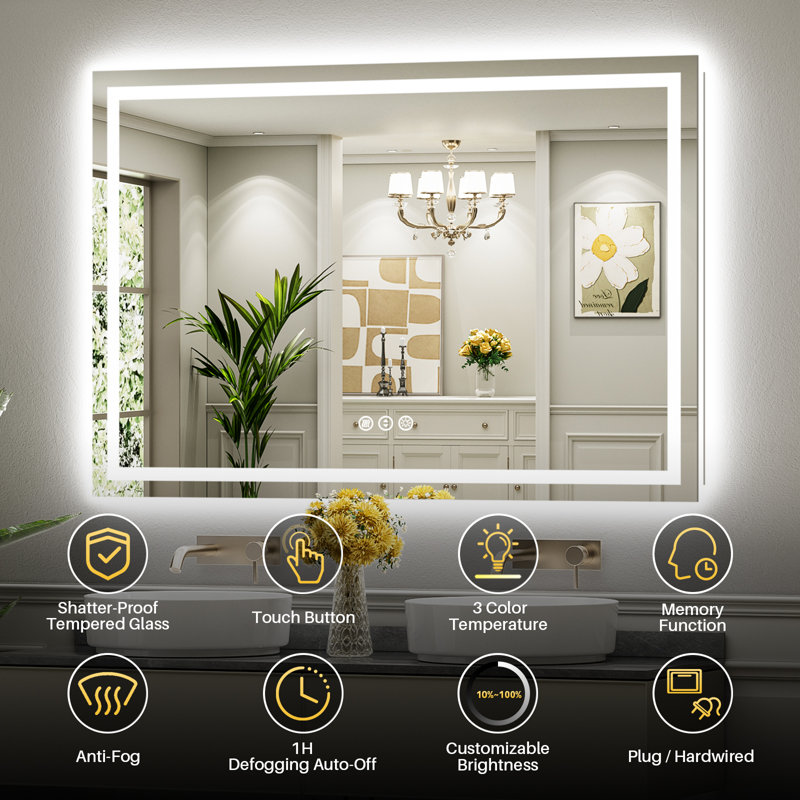 LED Bathroom Mirror with Lights, Backlit & Front Lit, Lighted Wall Mirrors for Bathroom Vanity, Touch Screen Dimmable, Anti-Fog, Memory Function, HD Tempered Glass, Shatter-Proof, ETL Listed