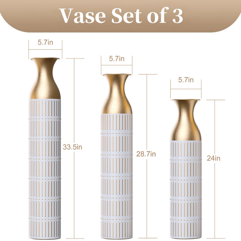 Medhansh White and Gold Floor Vase, Large Metal Floor Vase with Embossed Stripe Pattern, Antique White Finish (Set of 3)