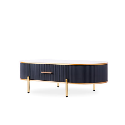 Table basse élégante avec plateau en pierre frittée blanche mat et gris foncé, rehaussée de détails dorés, tiroir pratique, structure en bois, pieds en acier inoxydable, résistante à la chaleur et aux taches. Style moderne.