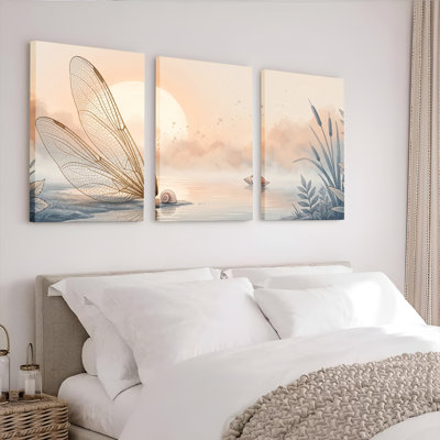 Ensemble de 3 tableaux sur toile « Libellule au coucher du soleil », idéal pour la décoration du salon, de la chambre et de la maison.