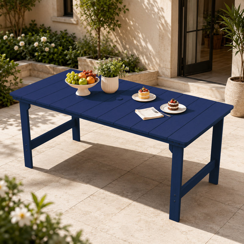 Table de salle à manger d'extérieur en PEHD marine avec trou pour parasol, Bleu