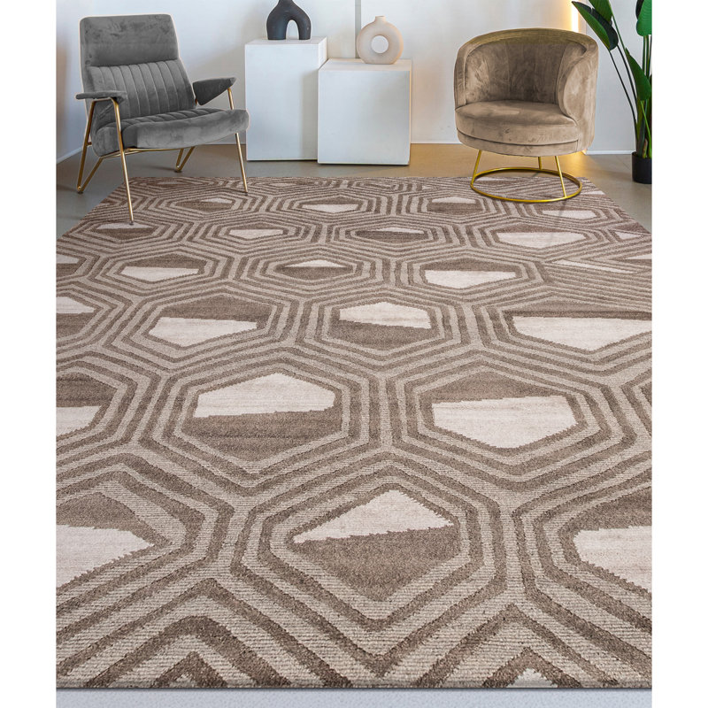 Hand Knotted Geometric Area Rug in Dune/Ivory, Rectangle 10' x 14'