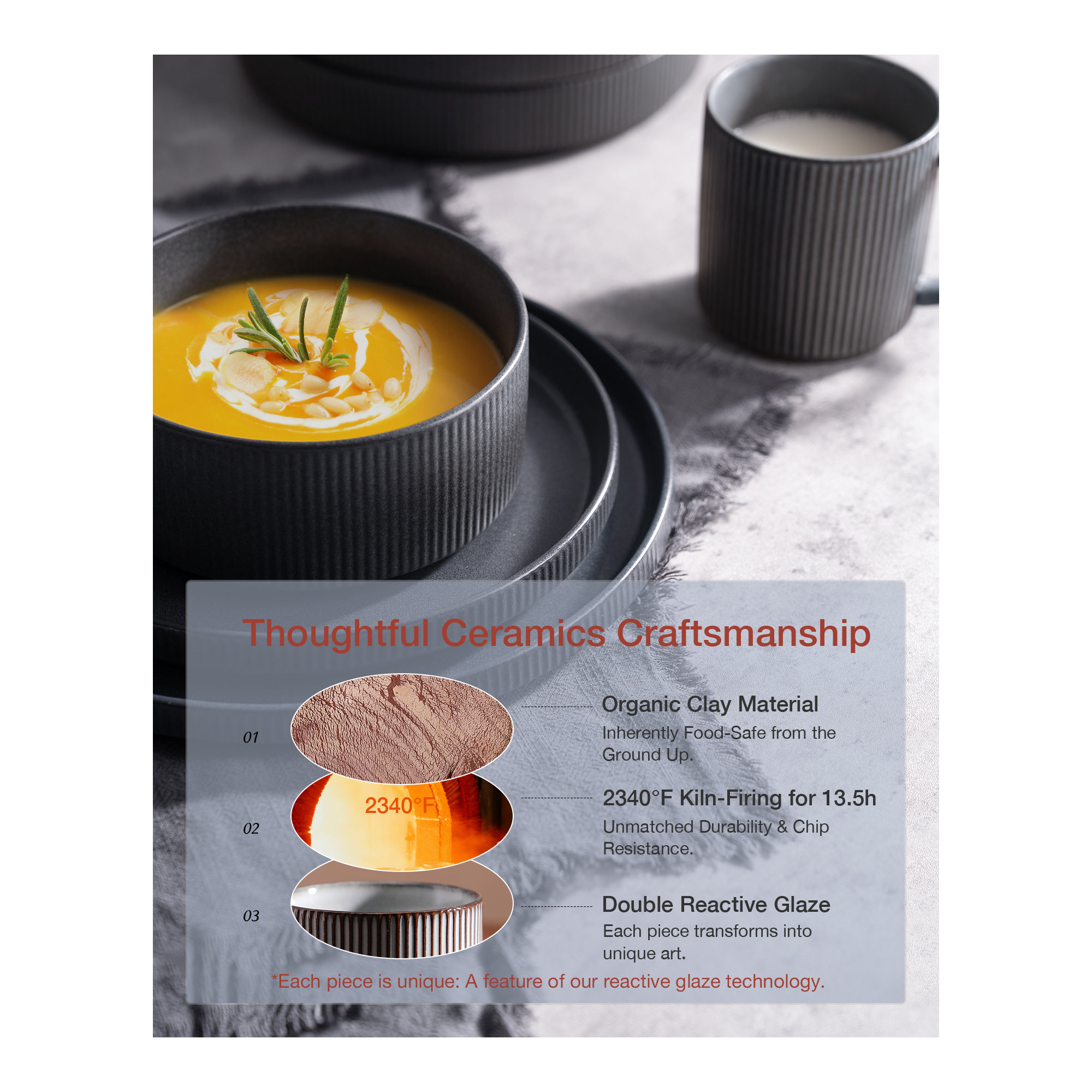 Stoneware Dinnerware Set, Service for 4, Matte Dark Charcoal
