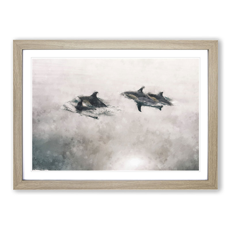 Swimming Dolphins - Picture Frame Painting, 36cm H x 48cm W x 2cm D, Oak Framed