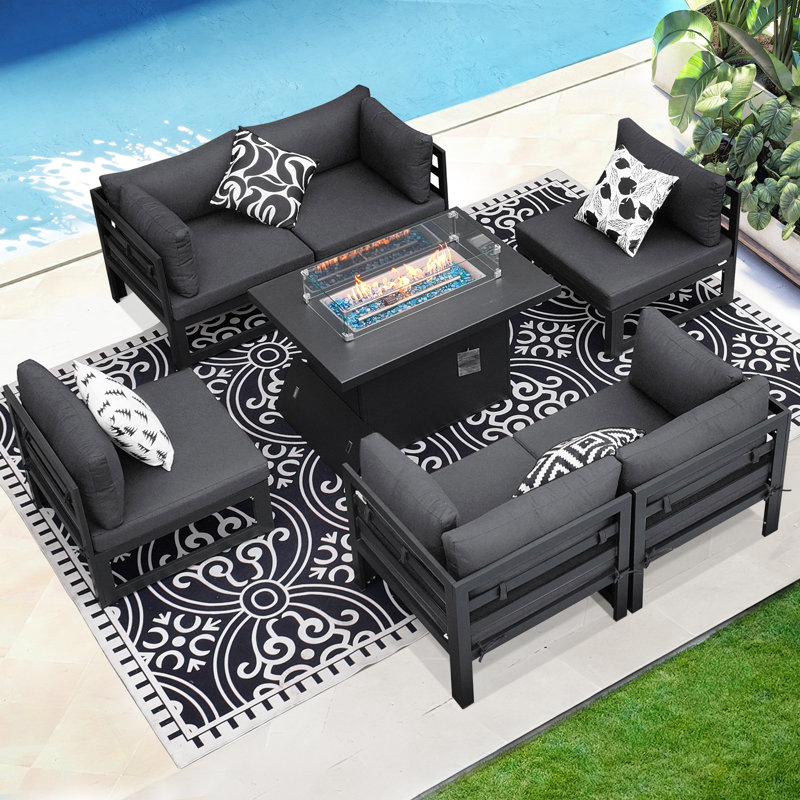 Gillet 7 Piece Patio Outdoor Aluminum Furniture Set with Gas/Propane Fire Pit Table, 29'' Extra Large Luxury Sectional Conversation Set