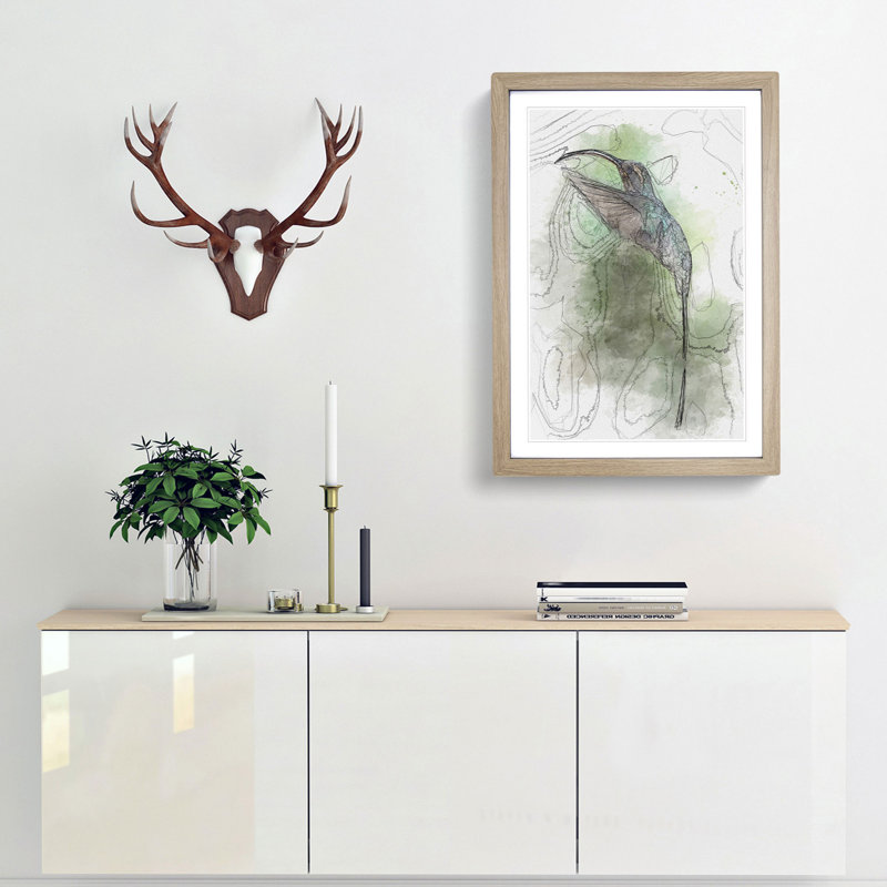 Green Hermit Hummingbird in Abstract - Picture Frame Graphic Art Print, 36cm H x 27cm W x 2cm D, Oak Framed