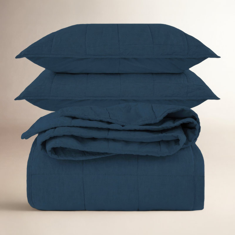 French Linen Box Stitch Quilt & Sham Set, Queen Quilt + 2 Standard Pillow Shams, Baltic