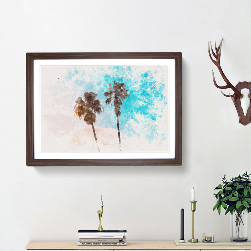 Los Angeles Palm Trees Watercolour - Picture Frame Graphic Art Print, 33cm H x 45cm W x 2cm D, Walnut Framed