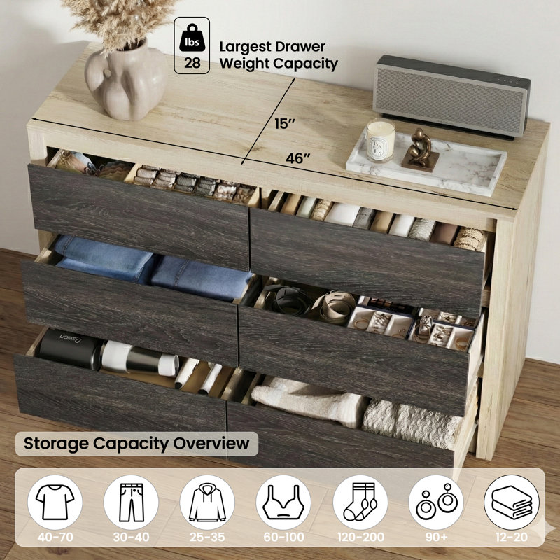 Farmhouse 6 Drawer Dresser for Bedroom, Rustic Two Tone Oak