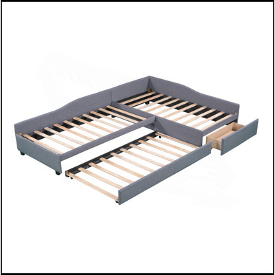 Upholstered Double Twin Size Daybed With Trundle And Drawer, Gray