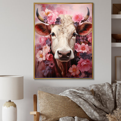 Romantisme, portrait de vache rose sur toile