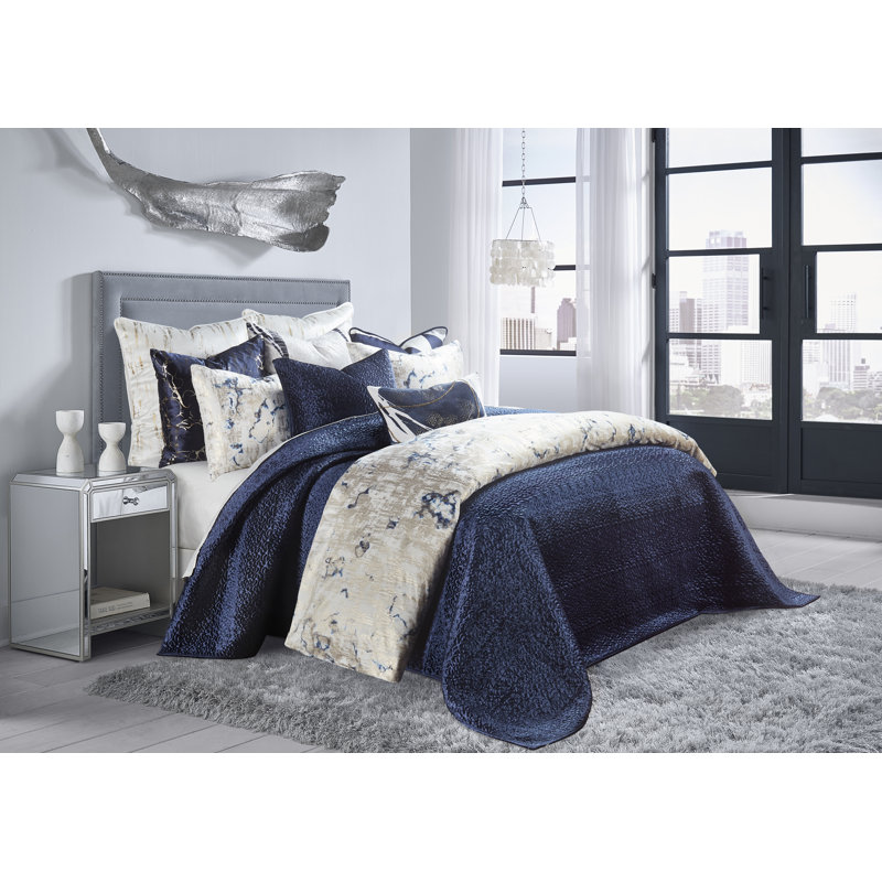 Ensemble de courtepointe en velours Sayra, Bleu, Courtepointe grand + 2 oreillers décoratifs