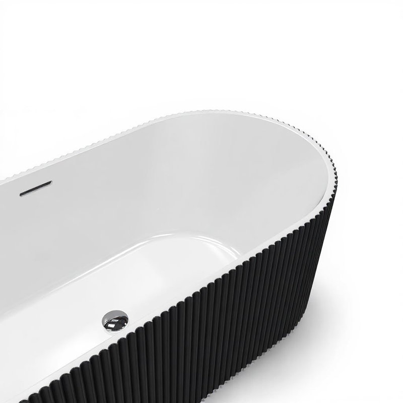 59" Freestanding Bathtub, Black & White Acrylic Soaking Tub with V-Shape Pleated Design, Chrome Drain & Slotted Overflow, cUPC Certified for Modern Bathroom