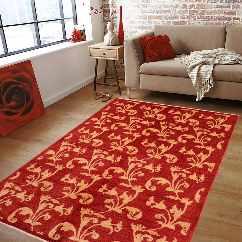 Tapis rouge en laine noué à la main à motif floral 5 pi 6 po x 8 pi 10 po Baccio