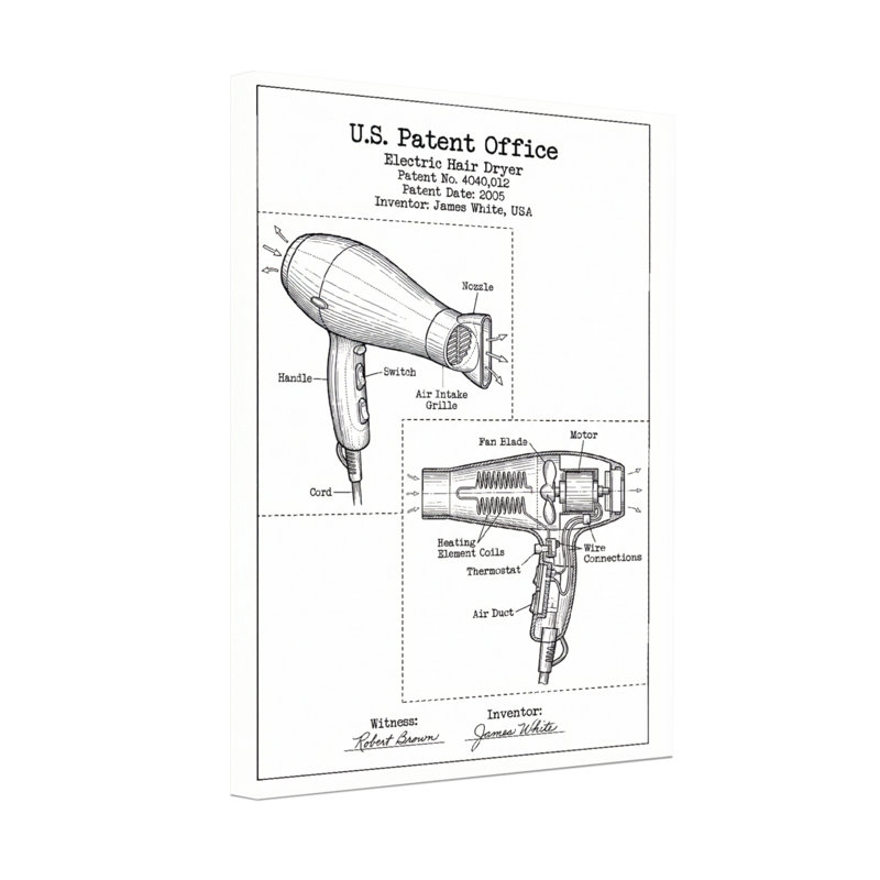 Bath & Laundry Electric Hair Dryer Patent Diagram, 30" H x 20" W