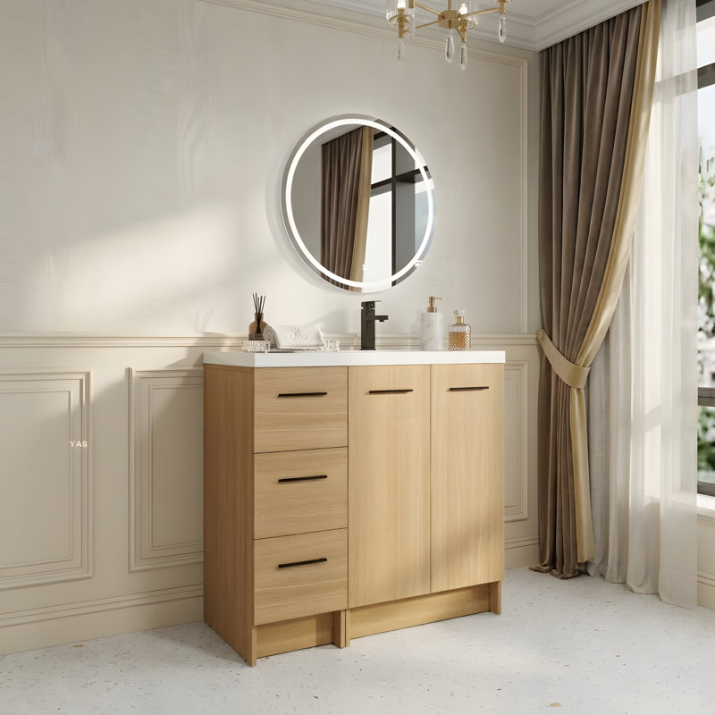 Meuble-lavabo sur pied 36 po avec lavabo en résine et armoire de rangement multifonctionnelle
