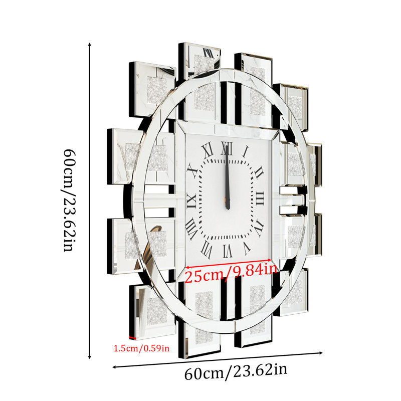 Horloge miroir irrégulière avec chiffres romains, Médium, Argent