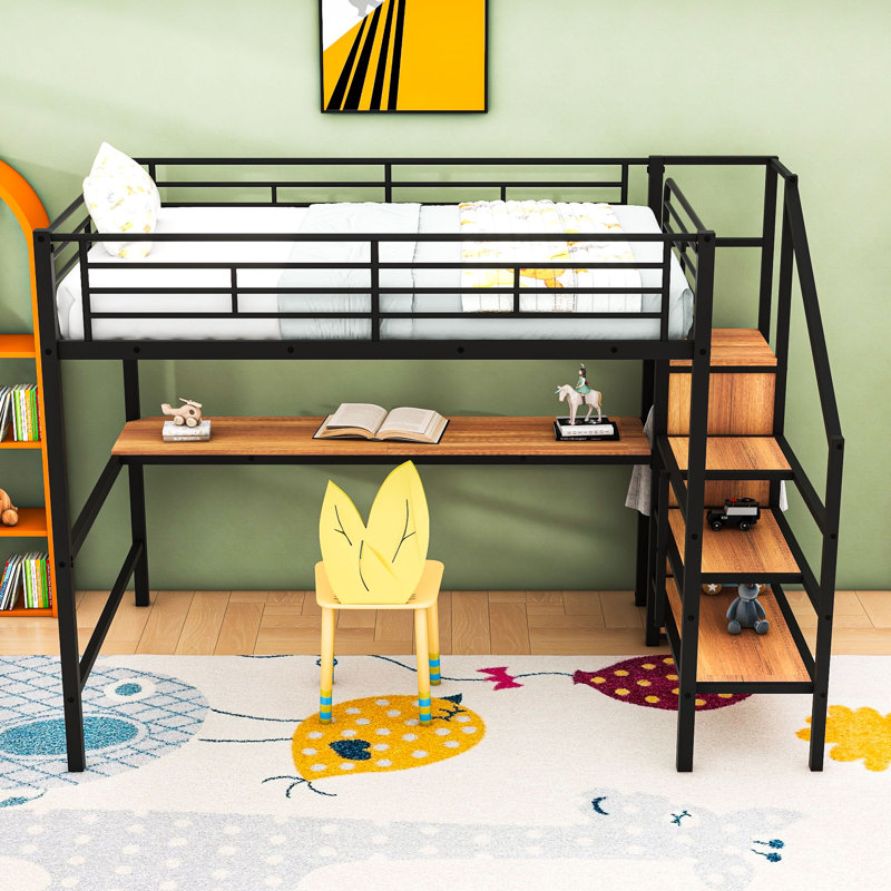 Lit mezzanine double en métal avec bureau intégré, éclairage à DEL et garde-robe compacte, Noir