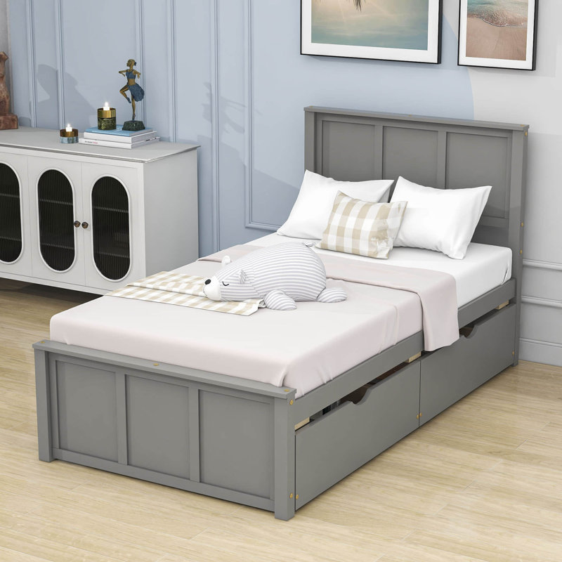 Lit plateforme simple avec deux tiroirs Dominyc, gris