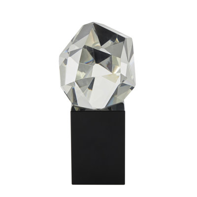 Wakenda Glass Cut Stone Inspired Abstract Decorative Clear Sculpture with Black Base