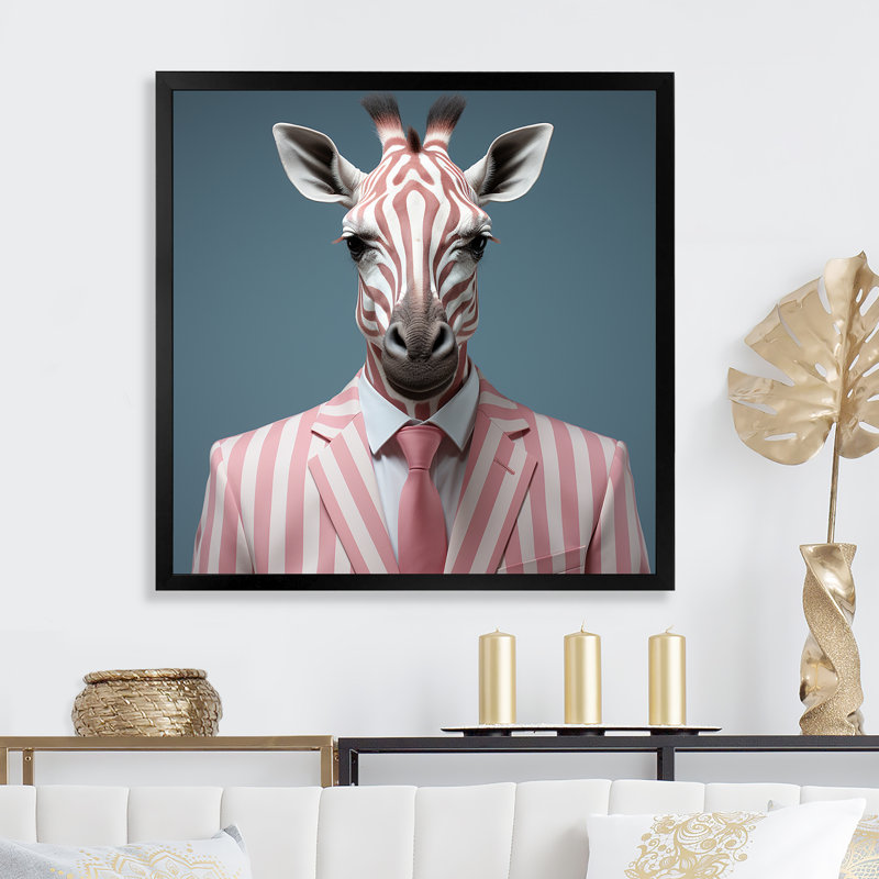 Élégance de mode girafe rose et blanche - Art mural animal girafe, Cadre simple noir, H 16 po x l 16 po x P 1 po