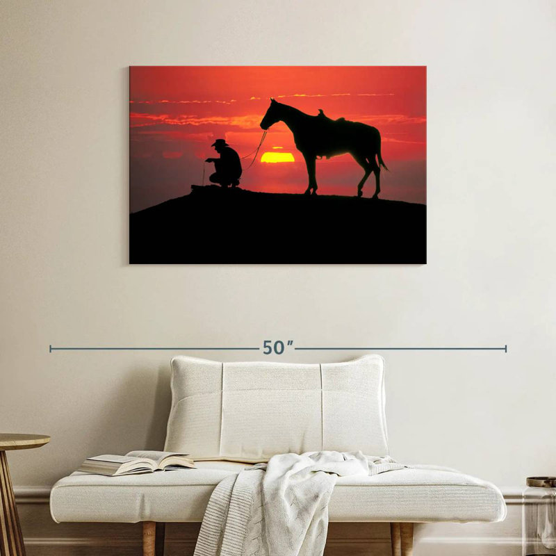 Cowboy de Brampt au coucher du soleil, H 26 po x l 39 po