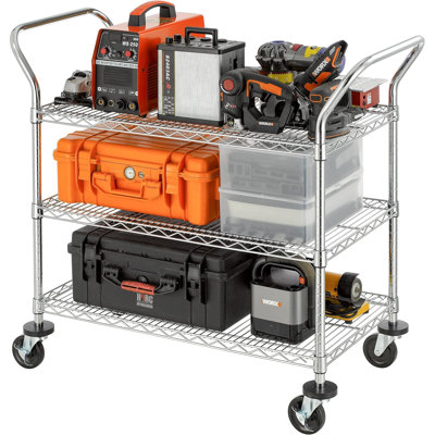 3-Tier Commercial Grade Rolling Cart, Heavy Duty Utility Cart with Wheels and Handles, Metal Kitchen Carts on Wheels with 500 lbs Capacity