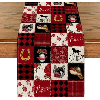 Plaid Horseshoe Roses Horse Kentucky Derby Table Runner – 13x72 Inch Festival Sports Holiday Table Decoration For Kitchen Dining Room Home Party Decor