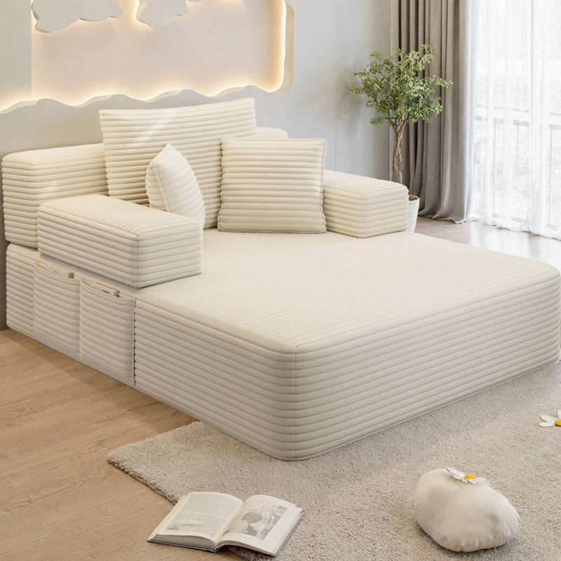 Chaise longue en velours côtelé moelleux avec 3 coussins, canapé-lit convertible avec fermeture à glissière cachée et poche latérale, conception sans cadre, aucun assemblage requis pour les petits espaces, salon, appartement