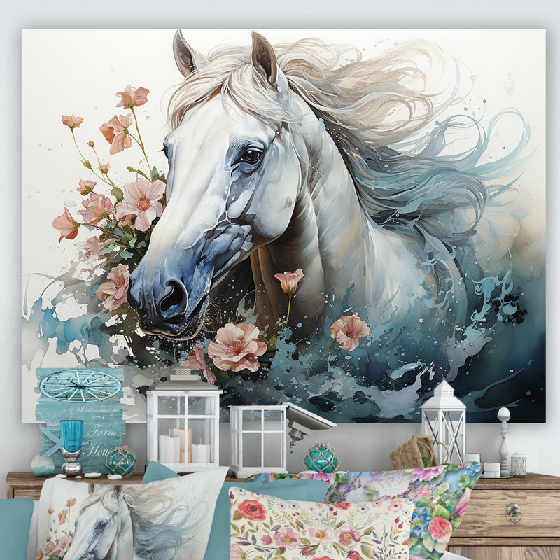 Aquarelle, cheval au galop - décoration murale cheval, Toile tendue, H 24 po x l 32 po x P 1 po
