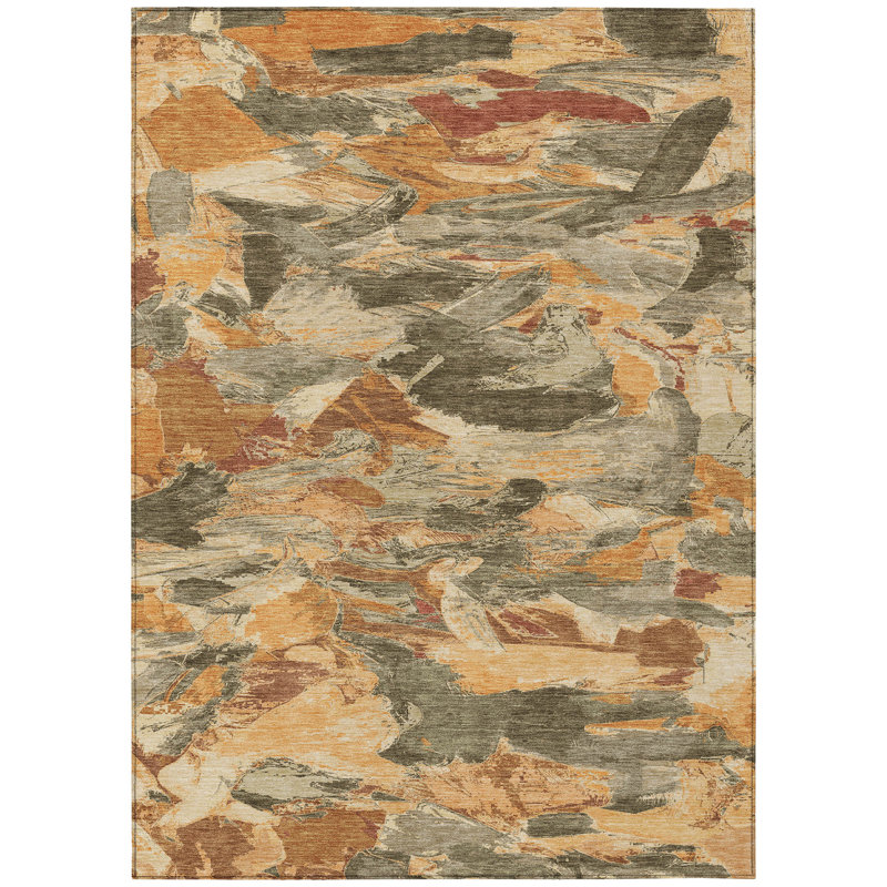Red Abstract Synthetic Washable 5' x 7' Rug