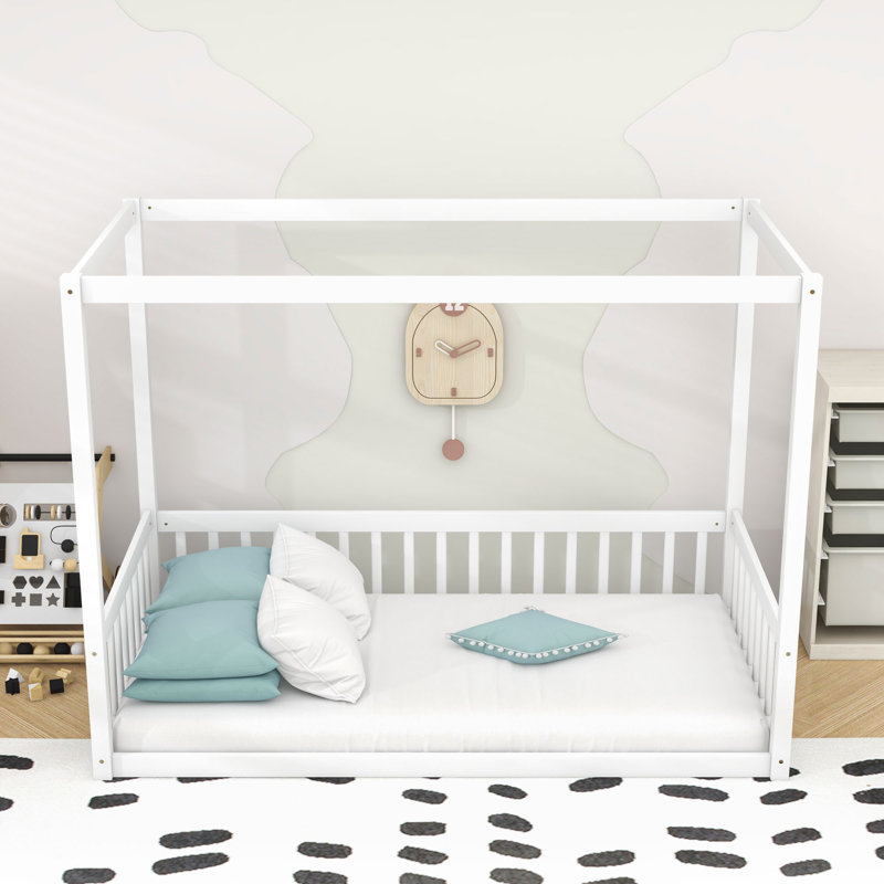 Wooden Canopy Floor Bed With Fence, Twin, White