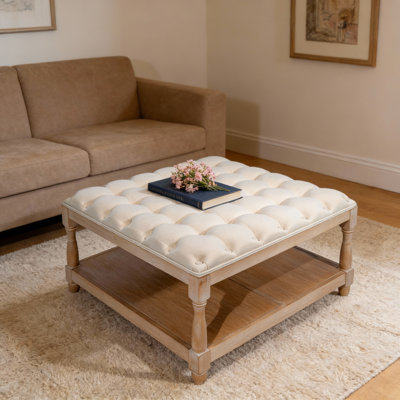Large Square Ottoman Coffee Table,Upholstered Tufted Linen Ottoman With Solid Wood Shelf Storage