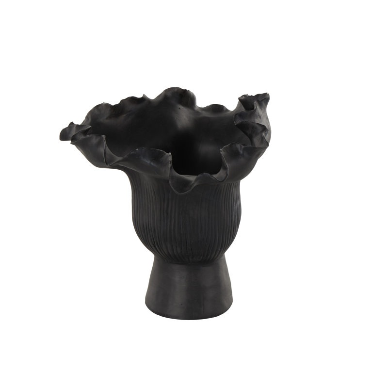 Aceves Floral Inspired Abstract Vase With Linear Grooves, Black