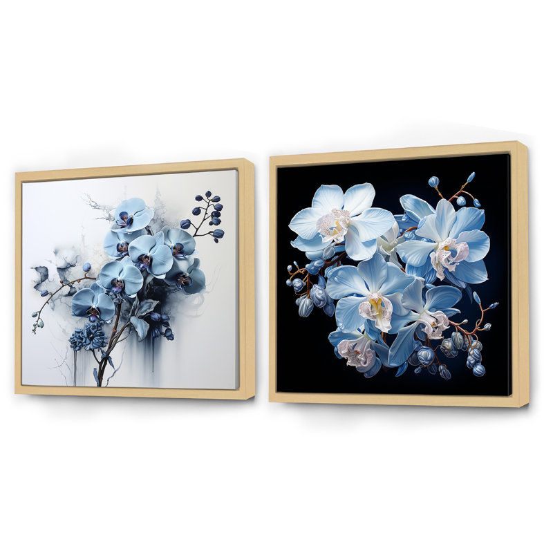 Minimalisme orchidée en fleurs dans délicat abstraction - ensemble de 2 orchidées carrées, Cadre flottant brun
