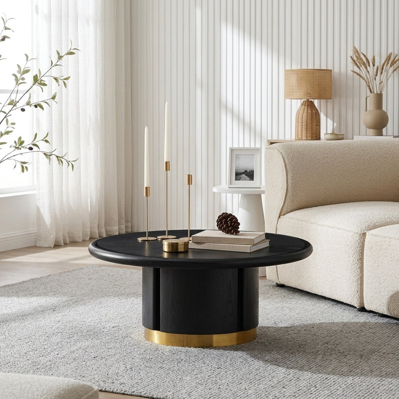 Table basse ronde contemporaine FFZ 35 po avec dessus en pierre frittée et pied central