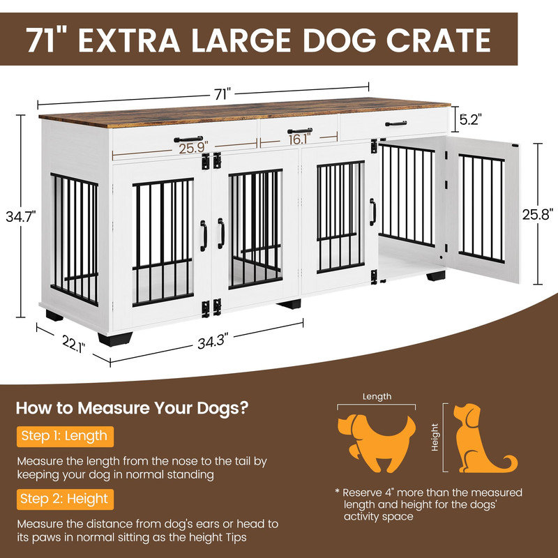 Meuble de 71 po pour 2 chiens de taille moyenne, chenil d'intérieur avec cloison, meuble télé et table de bout 71 po, Brun