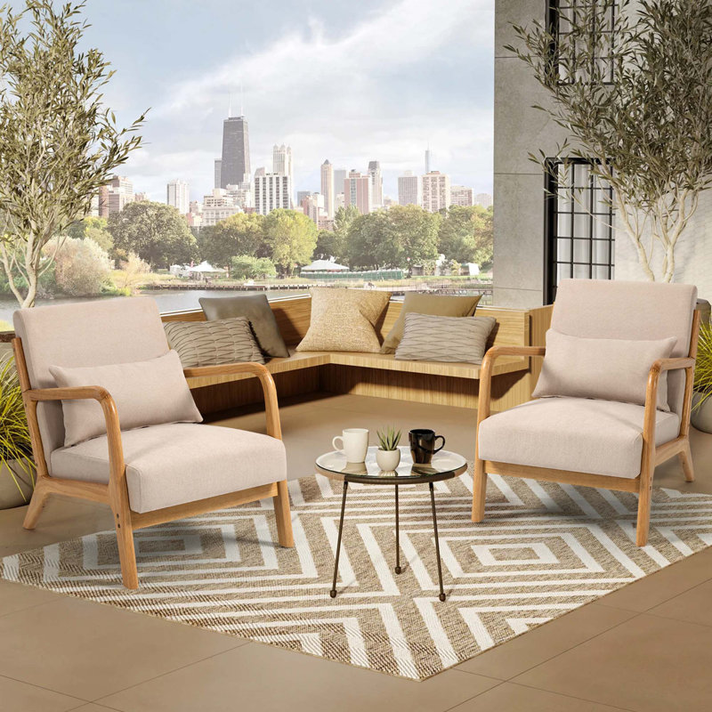 Chaise de loisir avec accoudoirs et pieds en bois massif, canapé d'appoint Mid-Century moderne, 1 siège, Beige