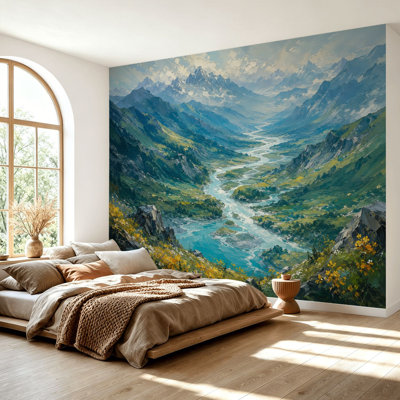 Papier peint adhésif et autocollant, paysage de vallée impressionnant, rivière flottante, verdure, papier autocollant amovible, décoration murale pour salon, chambre à coucher H 69 po x l 96 po