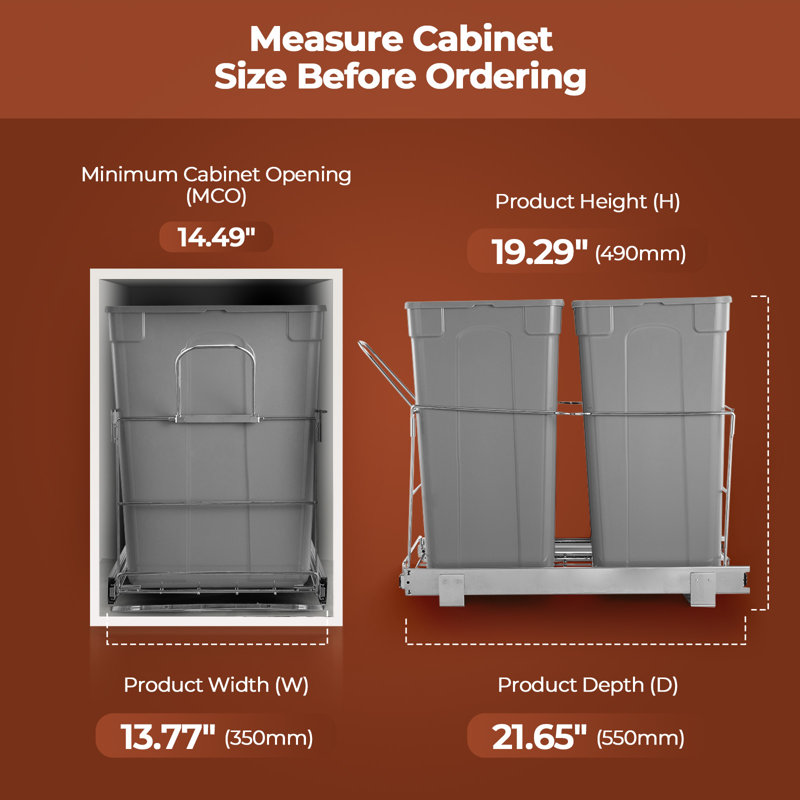 Poubelle escamotable sous l'armoire, poubelle double sous l'évier 35 qt avec poignée, poubelle de recyclage robuste à fixation sur le fond avec structure en fil chromé et rails coulissants lisses, 2 pintes de 35