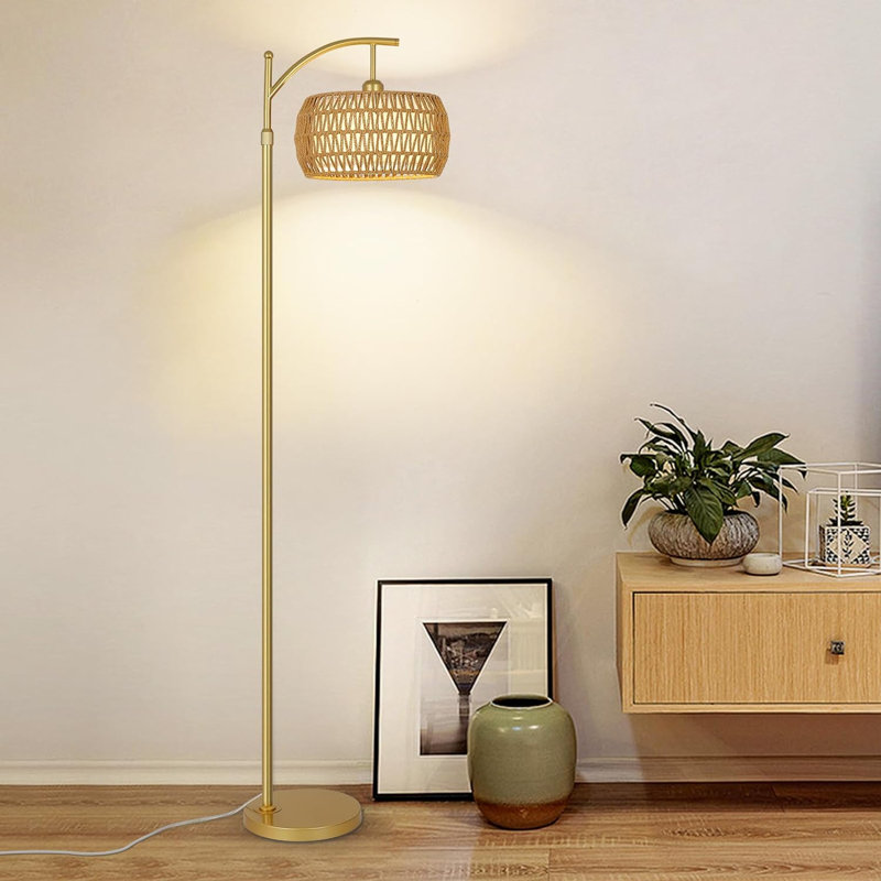 Arc Floor Lamp With Remote Control, Dimmable LED Floor Lamp With 3 Color Temperature, Black Standing Lamp With Rattan & Fabric Double Drum Shade, Boho Farmhouse Tall Pole Lamp For Living Room Bedroom