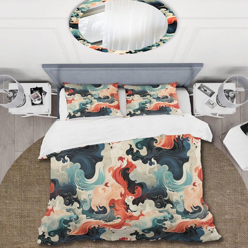 Calligraphy Essence - Oriental Duvet Cover Set - Microfiber Polyester, Queen Duvet Cover + 2 Standard Shams