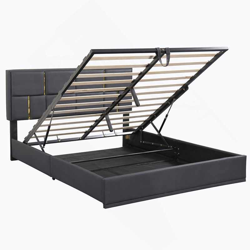 Lit plateforme tapissier avec système de rangement hydraulique, Noir