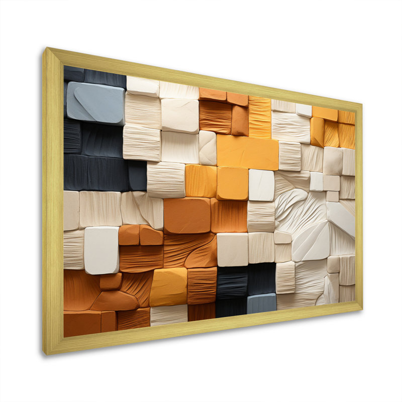 Cubique jaune et gris II sur toile, Encadrement doré, H 30 po x l 40 po x P 1,5 po