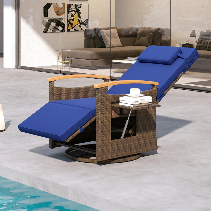 2PCS Outdoor 360° Swivel Rattan Recliner Chair Patio Wicker Chaise Lounge Chair Navy, Navy
