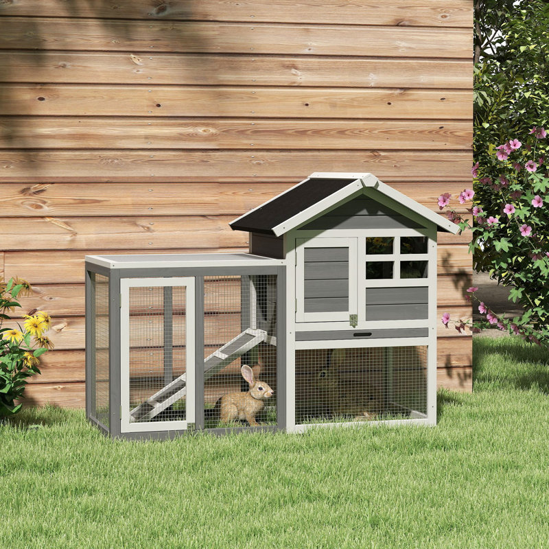 Clapier en bois Aayush 49 po avec enclos grillagé, gris, Gris