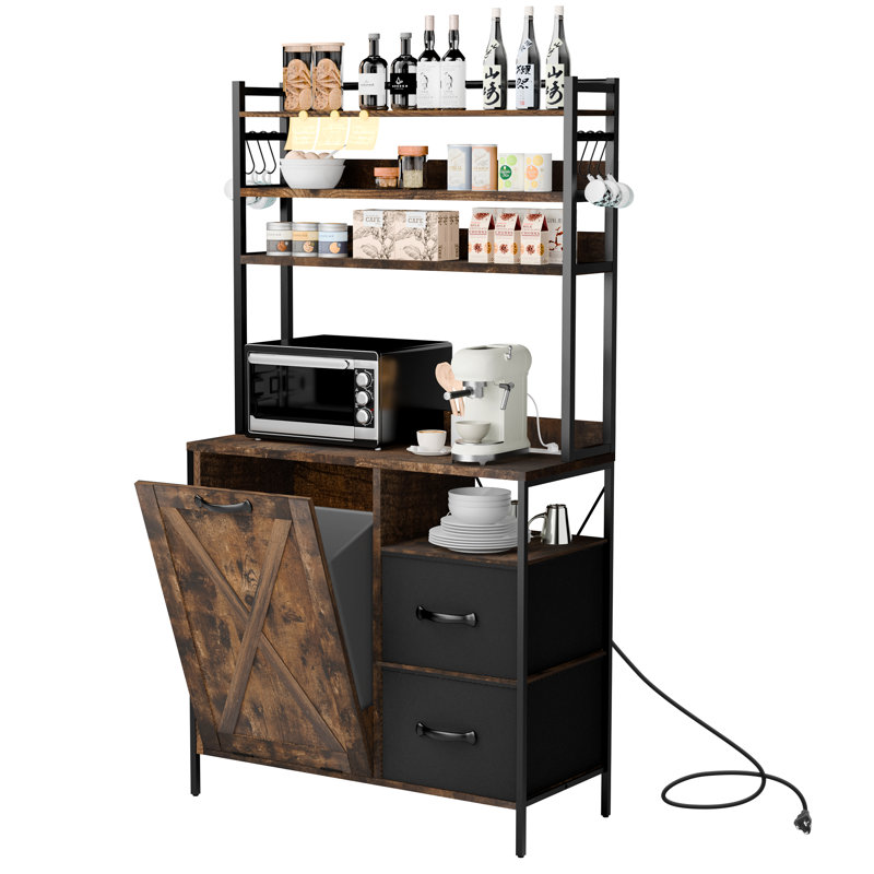 srping Kitchen Bakers Rack With Storage Drawers And Power Outlet, 65.8”Coffee Bar Cabinet With 6 Hooks, Microwave Stand With Tilt Out Trash Can Cabinet For Dining Room Living Room, Fits 10-Gallon Bins