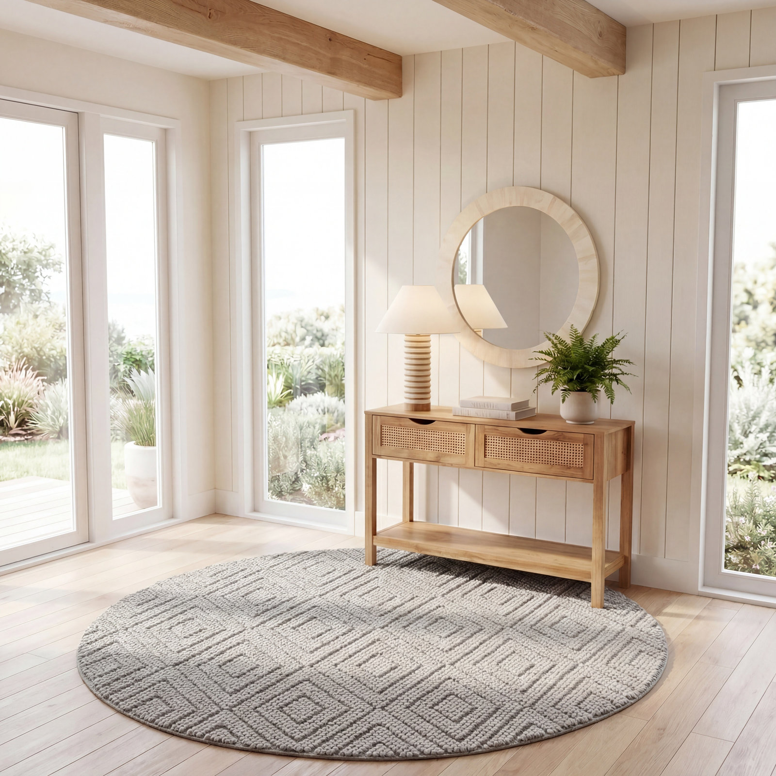 Russo Silver Hand-Woven Geometric Flatweave Rug, Round 6'