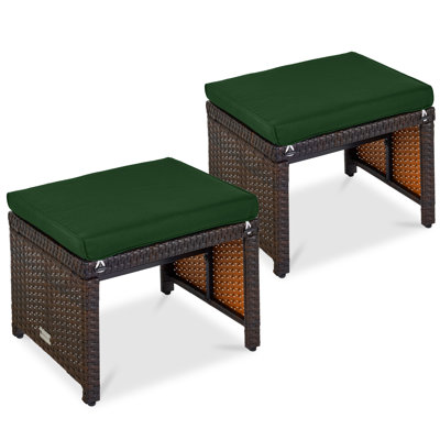 Set Of 2 Multipurpose Patio Wicker Ottomans W/ Removable Cushions - Midnight Green/Brown