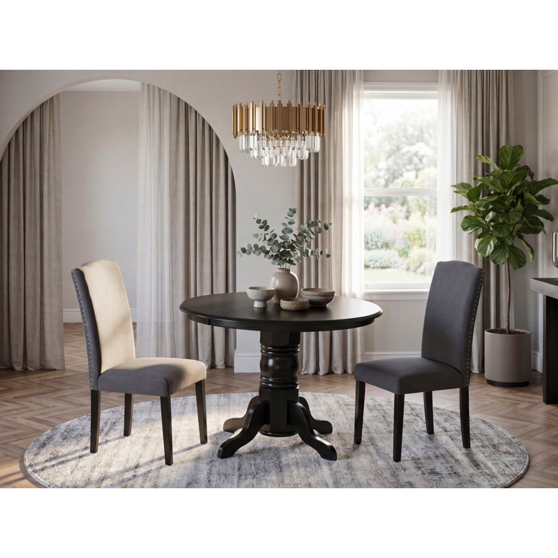 3 Piece Dining Room Set Contains a Round Kitchen Dining Table with Pedestal and 2 Dark Gotham Linen Fabric Upholstered Chairs, 42x42 Inch, Black